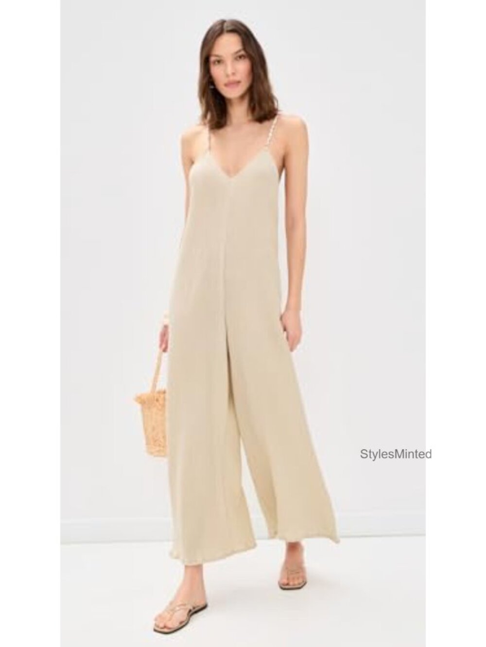 Bali Jumpsuit Lightweight Viscose Linen Gauze Beaded Straps Relaxed - Picture 4 of 5